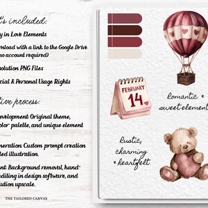 May include: Watercolor illustrations of Valentine's Day elements, including a hot air balloon, teddy bear holding a heart, and a calendar page with February 14th. The image also includes text describing the product's features.