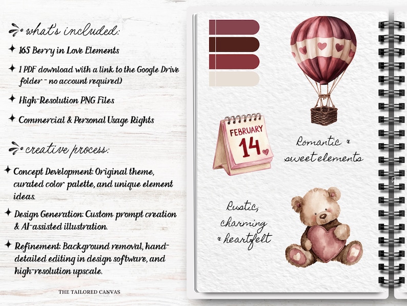 May include: Watercolor illustrations of Valentine's Day elements, including a hot air balloon, teddy bear holding a heart, and a calendar page with February 14th. The image also includes text describing the product's features.