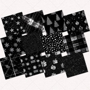 Puede incluir: Un conjunto de 12 patrones de papel digital en blanco y negro con acentos de purpurina plateada. Los patrones incluyen copos de nieve, estrellas, cuadros, lunares y &aacute;rboles de Navidad.