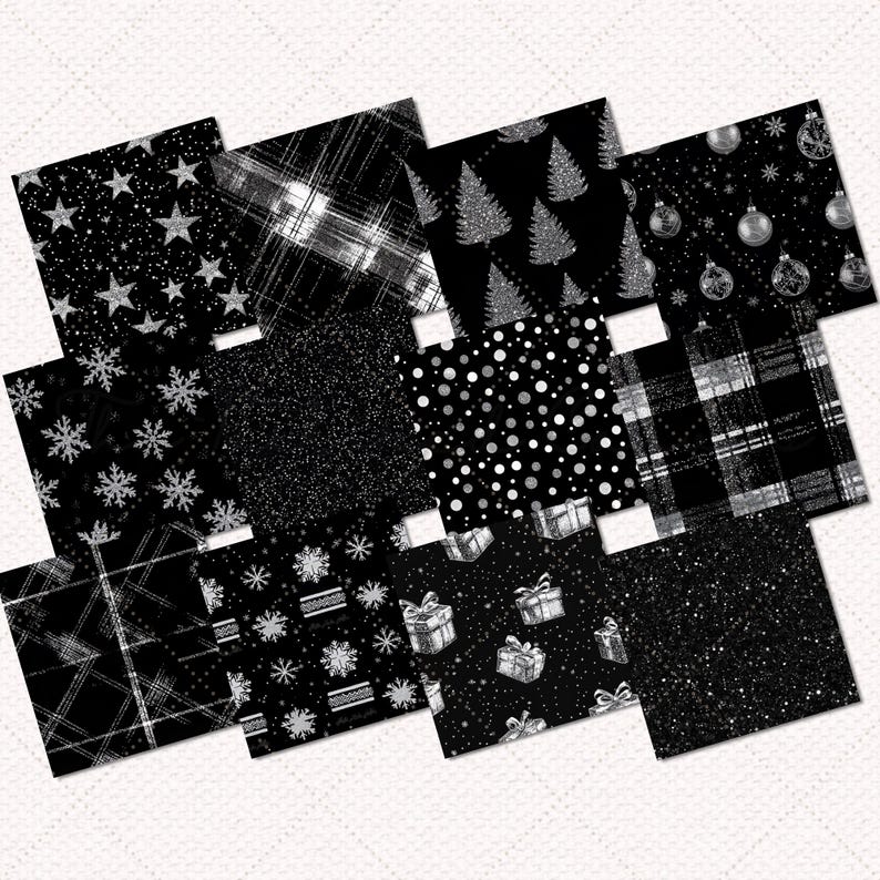 Puede incluir: Un conjunto de 12 patrones de papel digital en blanco y negro con acentos de purpurina plateada. Los patrones incluyen copos de nieve, estrellas, cuadros, lunares y &aacute;rboles de Navidad.