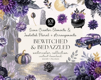 Gothic Halloween Clipart: Purple Floral Witchy PNG Bundle (Digital Download