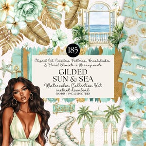 May include: A digital art collection with a beach theme. The image features watercolor elements, including flowers, palm trees, and a seaside scene. The text reads "Gilded Sun & Sea Watercolor Collection Kit" and "Seaside". The color palette includes gold, teal, and white.