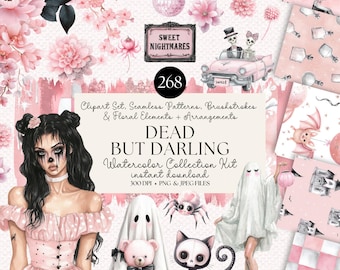 May include: A digital art collection with a gothic theme. The image features a woman in a pink dress, a ghost, a teddy bear, and a skeleton cat. The text includes "Sweet Nightmares" and "Dead But Darling". The collection includes clipart, patterns, and floral elements.