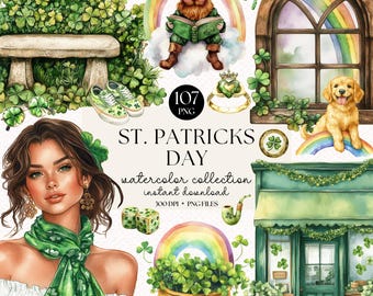 St. Patrick's Day Watercolor Clipart Bundle: Shamrocks, Rainbows (107 PNG Files)