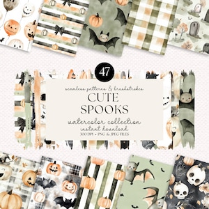 Joli lot de motifs et de coups de pinceau effrayants pour Halloween - 47 fichiers PNG et JPEG haute qualité, collection effrayante, papiers numériques aquarelle