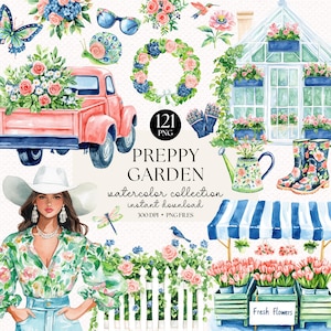 Pacote de clipart de aquarela de jardim preppy, coleção de PNG floral, jardim campestre, arte botânica de primavera, gráficos de flores, estética cottagecore