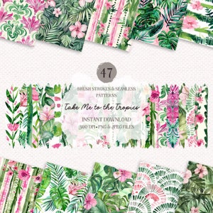Paquete de trazos de pincel y patrones sin costuras de verano verde y rosa de acuarela - 47 PNG y JPEG de alta calidad, papeles digitales florales de verano