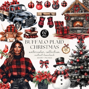 Pacchetto clipart natalizio con motivo a quadri di bufalo ad acquerello - Arte natalizia, Natale accogliente, set di clipart natalizie rustiche, adesivi digitali, Natale in cabina