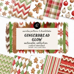 May include: A collection of watercolor Christmas-themed patterns and brushstrokes. The image features gingerbread men, snowflakes, and plaid designs in red, green, and white. Text on the image reads "GINGERBREAD GLOW" and "instant download".