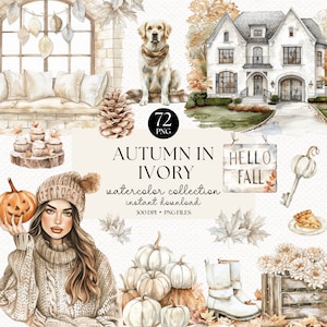 Pacote de clipart de outono neutro em aquarela - PNGs de outono Cottagecore, adesivos fofos de outono e decorações para scrapbooking, clipart de outono neutro