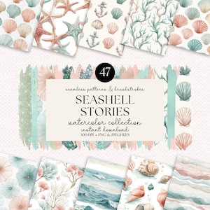 Puede incluir: Una colección de patrones y pinceladas de acuarela de conchas marinas. La imagen presenta varios diseños con conchas marinas, estrellas de mar y anclas en suaves colores pastel. El texto en la imagen dice "SEASHELL STORIES watercolor collection instant download".