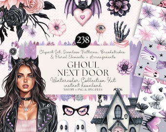 May include: A digital art collection featuring watercolor illustrations with a spooky theme. The image includes floral elements, a bat with a heart, ghosts, a haunted house, and the text "GHOUL NEXT DOOR".