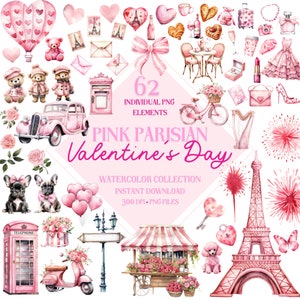 Rosa Paris Valentinstag Clipart Png-Bundle - 62 hochwertige Pngs, Valentinstag Sammlung, Aquarell Clip Art, Sublimationsdesigns