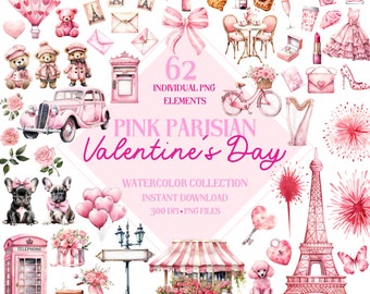 Pink Paris Valentines Day Clipart Png Bundle - 62 High Quality Pngs, Valentines Collection, Watercolor Clip Art, Sublimation Designs