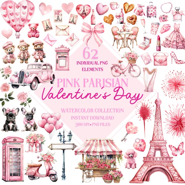 Pink Paris Valentines Day Clipart Png Bundle - 62 High Quality Pngs, Valentines Collection, Watercolor Clip Art, Sublimation Designs