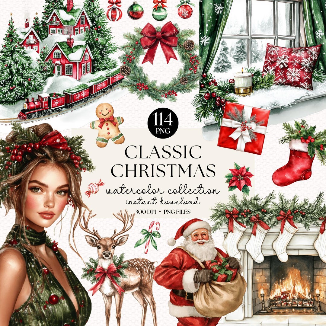 Watercolor Christmas Clipart Bundle: 114 Holiday PNG Elements (digital ...