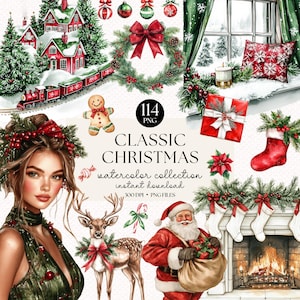 Aquarel klassieke kerst clipartbundel - vakantiekunst, rode en groene kerst, kerstmis png, gezellige kerst, winterstickers, scrapbooking