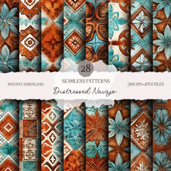 Distressed Navajo Seamless Digital Paper Patterns - 28 High Quality JPEGs, embossed leather texture paper, commercial use, instant download