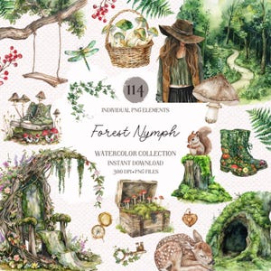 Bundle de cliparts aquarelle forêt Cottagecore - automne clipart, clipart champignon, forêt enchantée, clipart Nature, scrapbooking