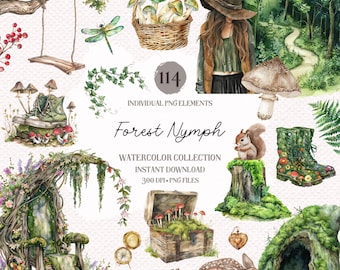 May include: Watercolor illustrations of a forest nymph, mushrooms, a squirrel, a deer, a wooden chest, a compass, a key, a boot, a swing, a tree, and a cave. The illustrations are in a whimsical style and are perfect for adding a touch of magic to your projects.