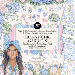 Kit clipart acquerello "Nonna Chic Garden" - Motivi senza soluzione di continuità, PNG floreali, pennellate, carta digitale con fiori vintage, download immediato