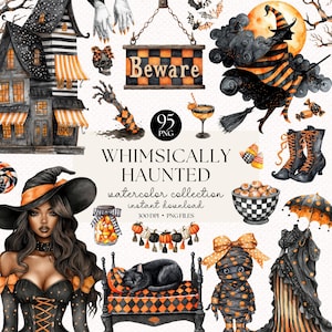 Puede incluir: Una colección de acuarelas con temática de Halloween. La imagen presenta una bruja, una casa embrujada y varios elementos espeluznantes en naranja, negro y blanco. El texto incluye "Whimsically Haunted" y "Beware".