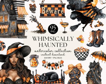 Halloween Watercolor Clipart Set: Haunted House, Witchy Gothic PNG Bundle (Digital Download)