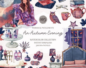 Watercolor Autumn Evening Clipart: Cozy Fall PNG Bundle