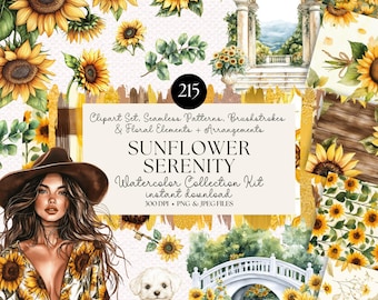 Könnte beinhalten: Eine digitale Kunstsammlung mit dem Titel "Sunflower Serenity" mit Aquarellillustrationen von Sonnenblumen, floralen Elementen und nahtlosen Mustern. Das Bild zeigt eine Frau in einem Sonnenblumenkleid, einen weißen Hund und eine Brücke.