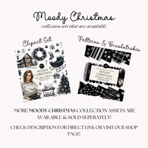Puede incluir: Un conjunto de ilustraciones digitales de Navidad en acuarela en blanco y negro, que incluye im&aacute;genes predise&ntilde;adas y patrones. El clipart incluye una mujer con un su&eacute;ter, una casa, un &aacute;rbol de Navidad, una corona, una media y un trineo. Los patrones incluyen copos de nieve, rayas, cuadros y pinceladas.
