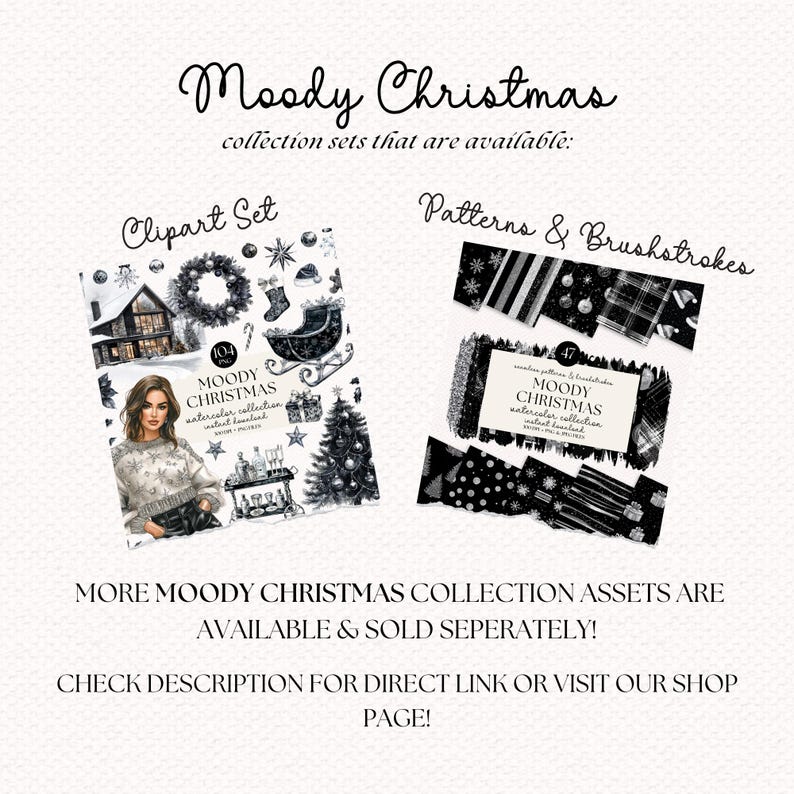 Puede incluir: Un conjunto de ilustraciones digitales de Navidad en acuarela en blanco y negro, que incluye im&aacute;genes predise&ntilde;adas y patrones. El clipart incluye una mujer con un su&eacute;ter, una casa, un &aacute;rbol de Navidad, una corona, una media y un trineo. Los patrones incluyen copos de nieve, rayas, cuadros y pinceladas.