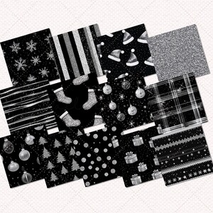 Puede incluir: Un conjunto de 10 patrones de papel digital con un esquema de color negro y plateado con varios dise&ntilde;os navide&ntilde;os, incluyendo copos de nieve, adornos, calcetines y regalos.