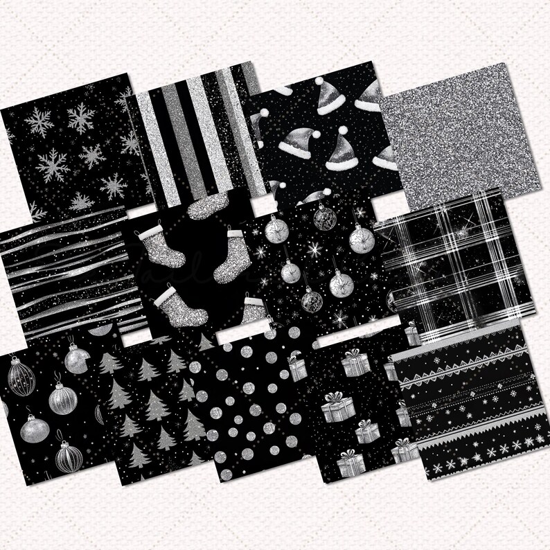 Puede incluir: Un conjunto de 10 patrones de papel digital con un esquema de color negro y plateado con varios dise&ntilde;os navide&ntilde;os, incluyendo copos de nieve, adornos, calcetines y regalos.