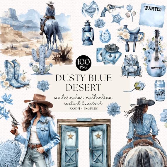 Dusty Blue Western Clipart Bundle: Watercolor Desert PNGs (100 Elements)