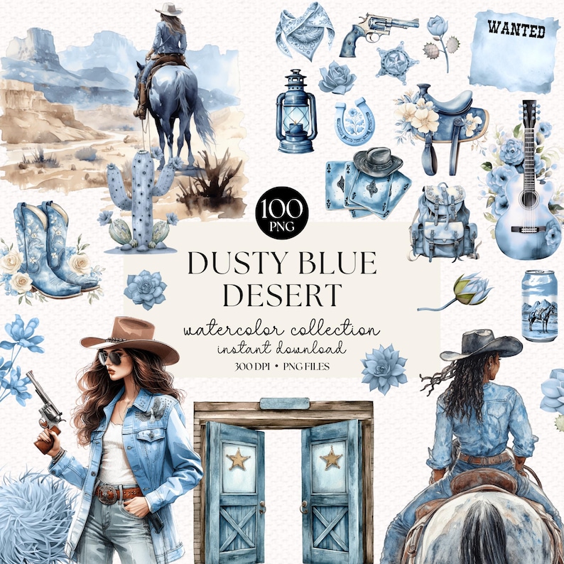 May include: Watercolor illustrations of a dusty blue desert theme. Includes a cowgirl, a horse, cacti, a lantern, a pair of saloon doors, a wanted poster, a backpack, a horseshoe, a guitar, a can, and more.