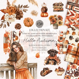Coleção de clipart de outono aconchegante em aquarela - folhas de outono, floral de outono, abóboras, padrões sem costura, outono rústico, convites de casamento