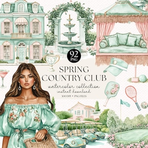 Bundle de cliparts aquarelle country club, 92 illustrations preppy pastel golf & tennis, manoir PNGs, téléchargement immédiat printemps clip art