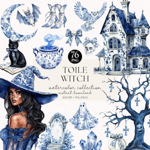 Aquarel toile heks clipartbundel - Halloween png, chinoiserie halloween decor, ambachten, scrapbooking en doe-het-zelfprojecten