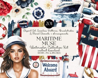 Nautical Watercolor Clipart Bundle: Maritime PNG Graphics (Instant Download)