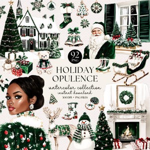 Aquarel elegante kerst clipartbundel - vakantiekunst, luxe kerstmis, kerstclipartset, vakantiestickers, feestelijke kerst