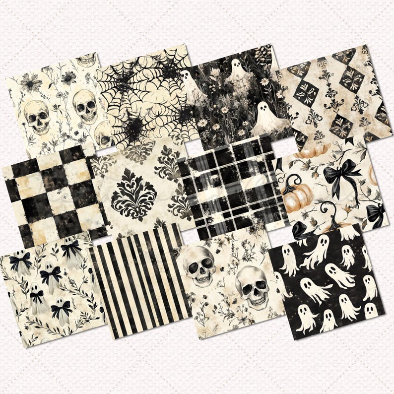 May include: A set of 10 digital papers featuring black and white Halloween themed patterns. The patterns include skulls, ghosts, pumpkins, and various geometric designs.