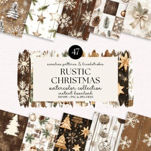 Bundel rustieke kerstaquarel naadloze patronen en penseelstreken - 47 hoge kwaliteit png en jpeg, neutraal digitaal kerstpapier
