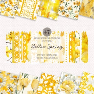 May include: A digital download of 47 yellow brush strokes and seamless patterns. The patterns feature watercolor flowers, geometric designs, and abstract brush strokes. The text "Yellow Spring" is displayed in a bold, handwritten font.