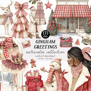 Pode incluir: Ilustração em aquarela com temas natalinos. Apresenta o Papai Noel, um veado, um boneco de neve e uma mulher. A imagem tem um padrão xadrez vermelho e branco. O texto diz "Gingham Greetings watercolor collection instant download".