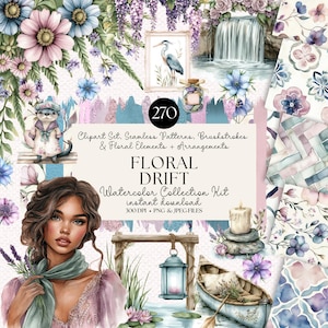 Puede incluir: Kit de colección de acuarela titulado "Floral Drift" con elementos florales, patrones sin costuras y pinceladas. La imagen presenta una mujer, flores, una cascada y un pequeño bote. El texto incluye "270" y "descarga instantánea".