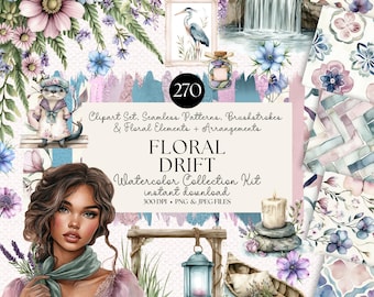 Floral Drift Watercolor Clipart & Pattern Kit – Seamless Patterns, Florals, Brushstrokes, Cottagecore Elements, Instant Download