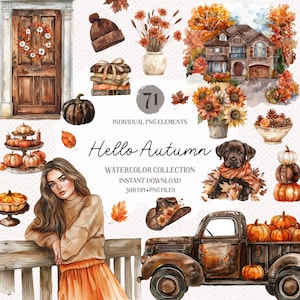 Aquarel gezellige herfst clipartbundel - herfst Cottagecore png's, schattige herfststickers en scrapbooking decoraties, rustieke herfstillustraties
