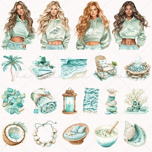 May include: Watercolor illustrations featuring women in mint green hoodies with wave designs, and beach-themed items like a palm tree, beach towel, seashells, and a rocking chair. The artwork has a soft, pastel color palette.
