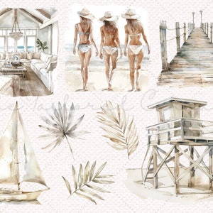 Puede incluir: Un collage digital de ilustraciones de acuarela que representan una casa de playa, tres mujeres en bikini caminando por la playa, un muelle de madera, una caseta de salvavidas, un velero y hojas de palmera.