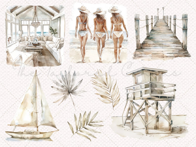Puede incluir: Un collage digital de ilustraciones de acuarela que representan una casa de playa, tres mujeres en bikini caminando por la playa, un muelle de madera, una caseta de salvavidas, un velero y hojas de palmera.